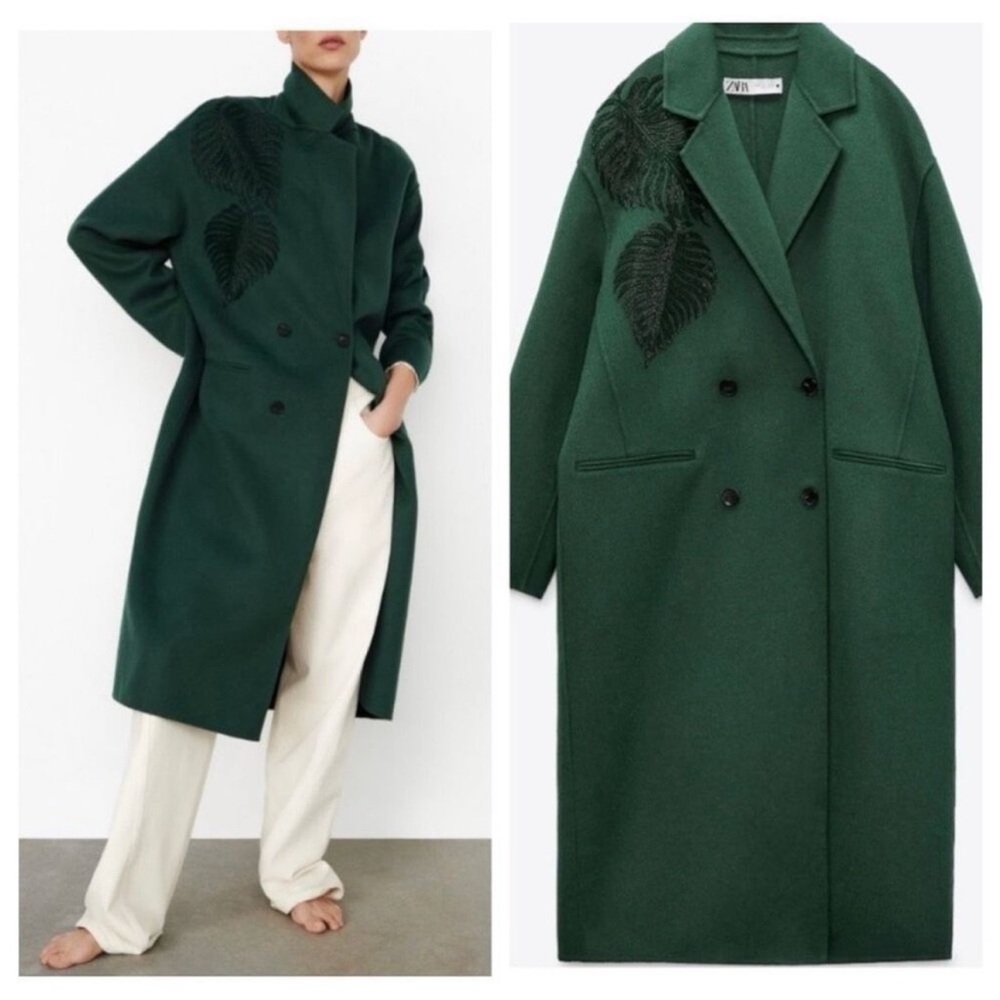 Zara Dark Green Beaded Leaf Long Oversized Wool Blend Pea Coat Size XS - M